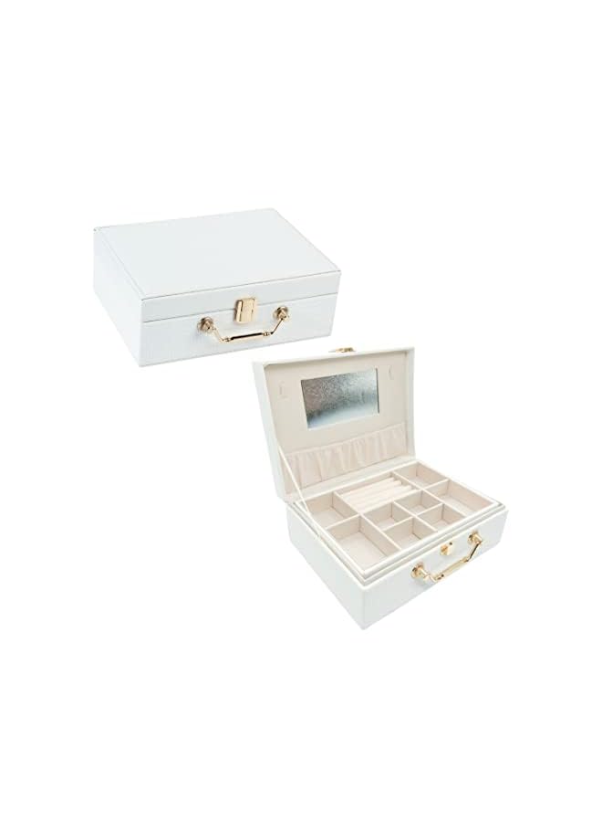 IAF Jewelry Box | Compact Jewellery Organizer |Soft Touch Storage Case for Accessories: Earrings Rings Watches with Mirror and Press Lock Middle size PU Leather (Elegant White) - Image 2