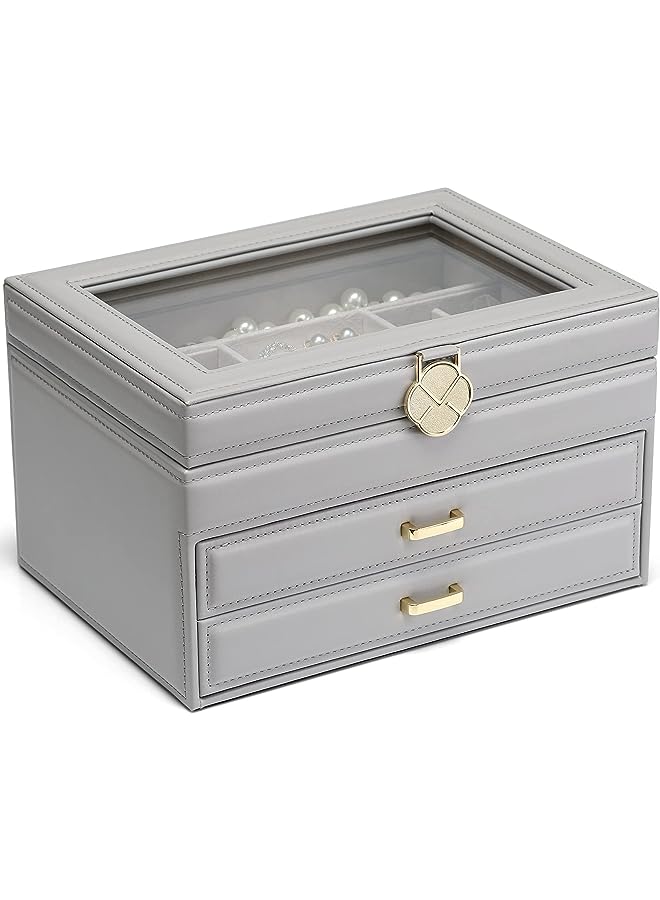 IAF Jewelry Box | Compact Jewellery Organizer |Soft Touch Storage Case for Accessories: Earrings Rings Watches with Mirror and Press Lock Middle size PU Leather (Elegant White) - Image 1