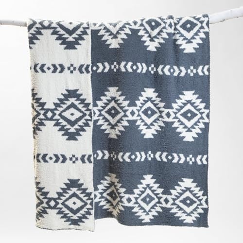 Carstens, Inc. Luxury Soft Stretchy Reversible Plush Throw Blanket, Large 50" x 60", Western Blue Diamond Aztec - Image 3