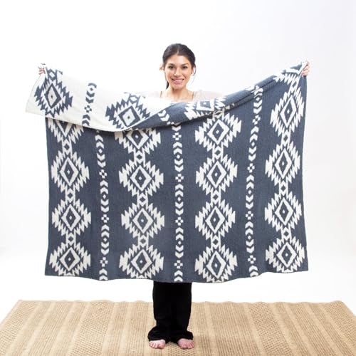 Carstens, Inc. Luxury Soft Stretchy Reversible Plush Throw Blanket, Large 50" x 60", Western Blue Diamond Aztec - Image 2