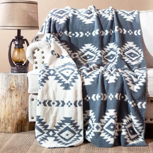 Carstens, Inc. Luxury Soft Stretchy Reversible Plush Throw Blanket, Large 50" x 60", Western Blue Diamond Aztec - Image 1