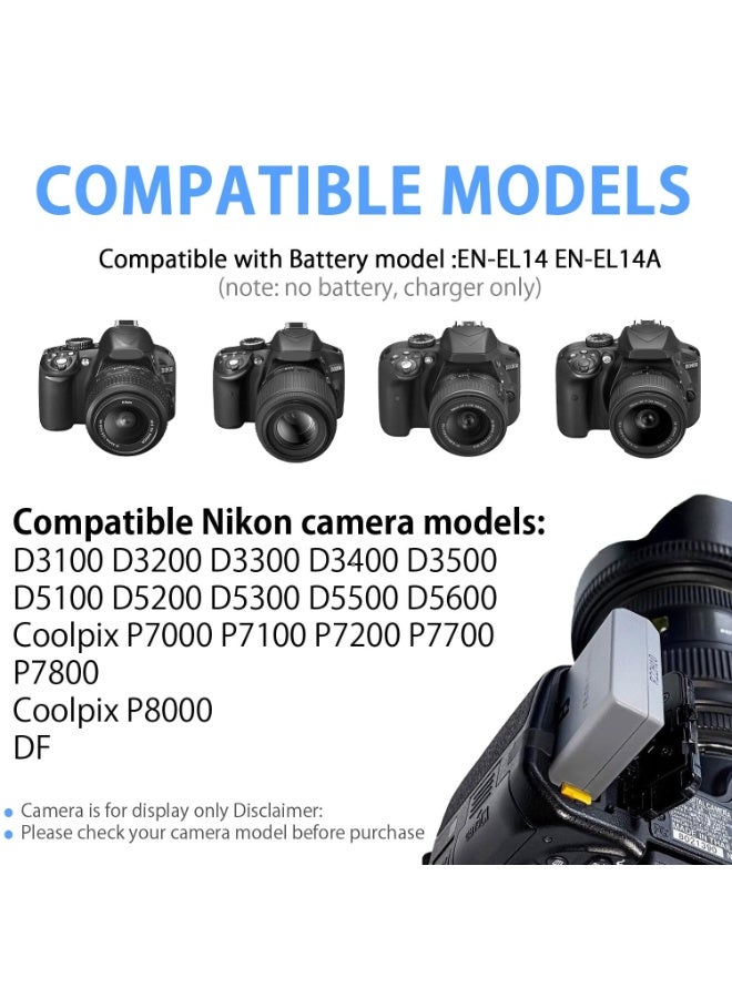 MH-24 Battery Charger for EN-EL14 EN-EL14A Battery Compatible with Nikon D3100 D3200 D3300 D3400 D3500 D5100 D5200 D5300 D5500 D5600 P7000 P7100 P7700 P7800 SLR Cameras - Image 2