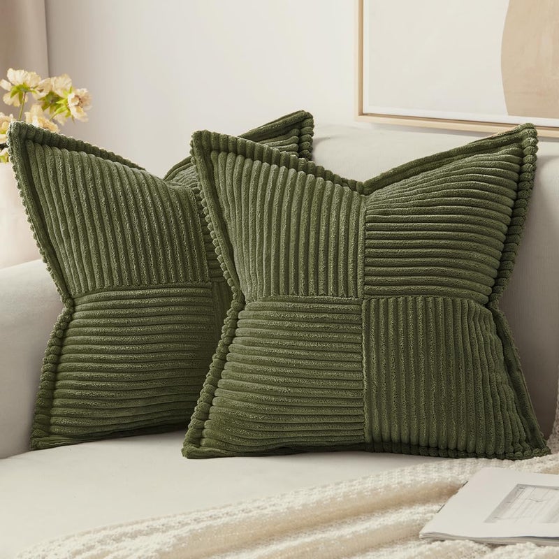 MIULEE Olive Green Corduroy Pillow Covers 20x20 Inch with Splicing Set of 2 Soft Boho Striped Pillow Covers Broadside Decorative Textured Summer Pillowcases for Couch Cushion Bed Livingroom