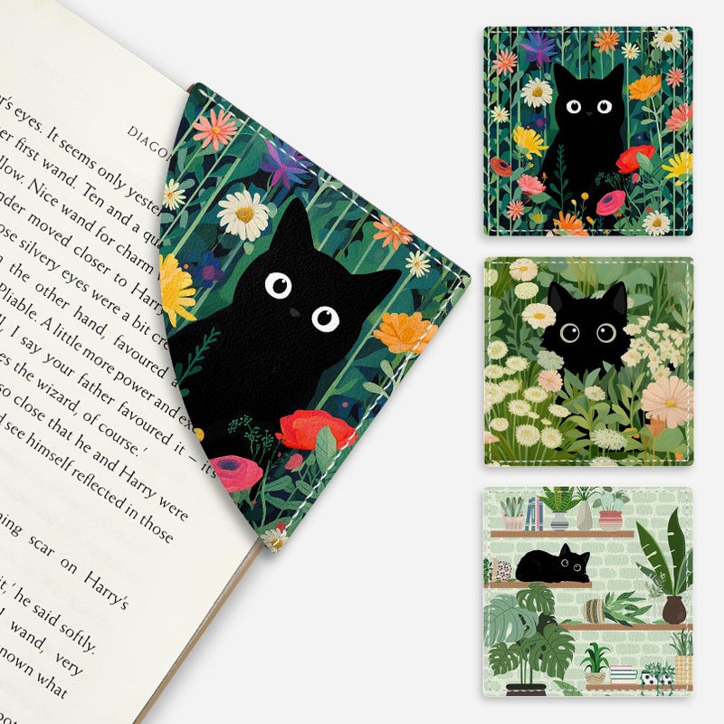 Icycay Cute Black Cat Floral Corner Bookmarks, Funny Leather Book Accessories for Book Lovers, 3 Pcs Reading Book Page Markers for Women Men Student Teacher Girls Boys Kids Retirement Birthday Gifts - Image 1