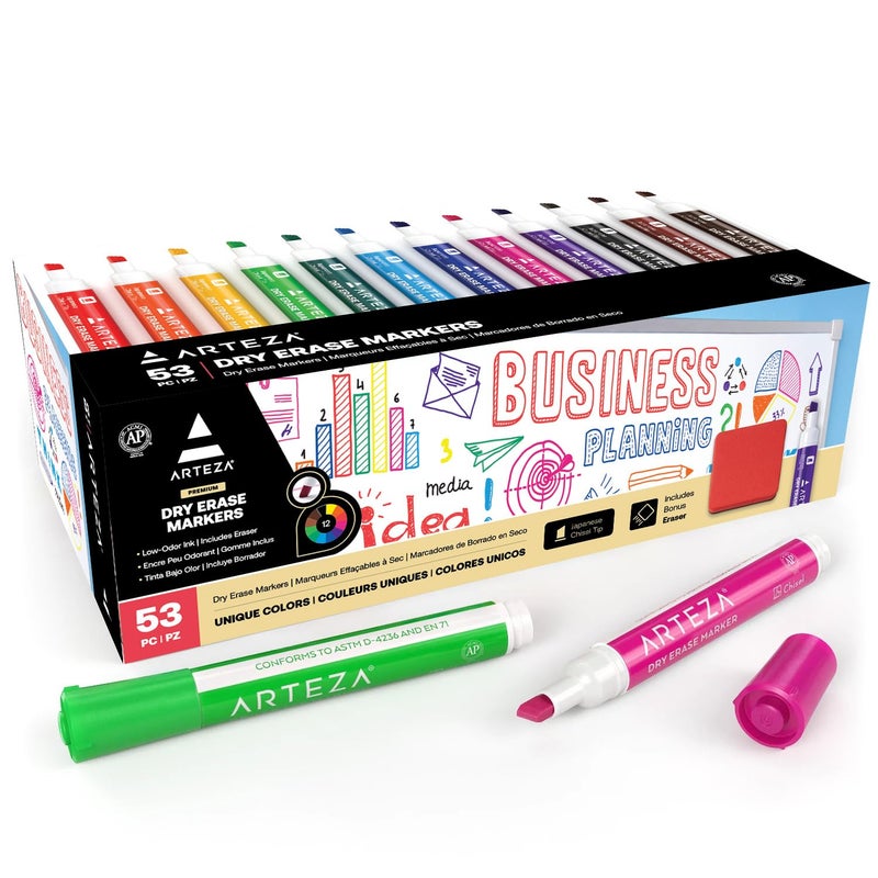 ARTEZA Dry Erase Markers 52 Pack 12 Assorted Colors LowOdor Whiteboard Markers with Japanese Chisel Tips for Offices Classrooms Planning Boards Glass and Plastic - Image 2