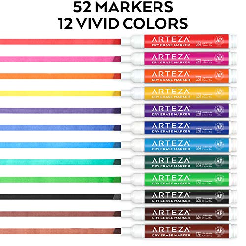 ARTEZA Dry Erase Markers 52 Pack 12 Assorted Colors LowOdor Whiteboard Markers with Japanese Chisel Tips for Offices Classrooms Planning Boards Glass and Plastic - Image 3