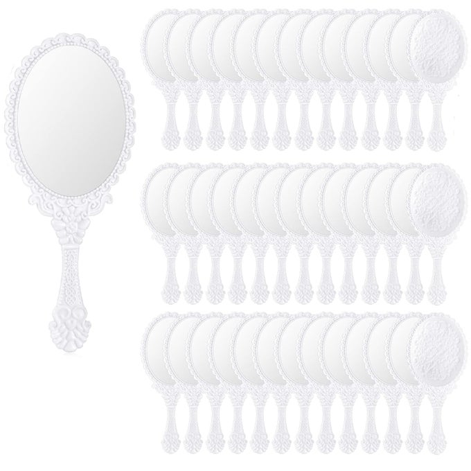 60 PCS VINTAGE HANDHELD MIRROR BULK RETRO HAND HELD MIRROR PLASTIC COMPACT TRAVEL EMBOSSED FLOWER DECORATIVE FOR VANITY MAKEUP HOME SALON TRAVEL USEWHITE