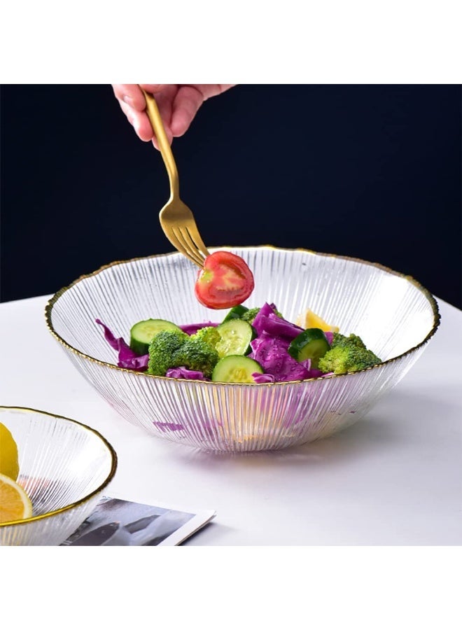 Textured Clear Glass Salad Bowls Decorative Fruit Bowl ,Serving and Mixing Bowl with Irregular Gold Rim for Pasta, Dessert, Popcorn, Fruit, Snacks - Refrigerator Freezer Safe Clear 13.5*4cm - Image 1