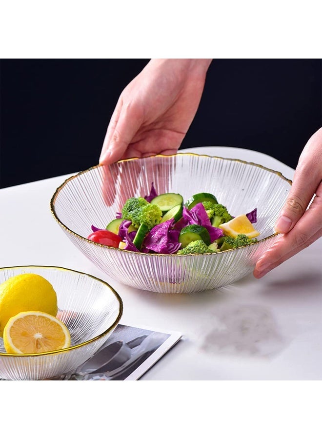 Textured Clear Glass Salad Bowls Decorative Fruit Bowl ,Serving and Mixing Bowl with Irregular Gold Rim for Pasta, Dessert, Popcorn, Fruit, Snacks - Refrigerator Freezer Safe Clear 13.5*4cm - Image 2