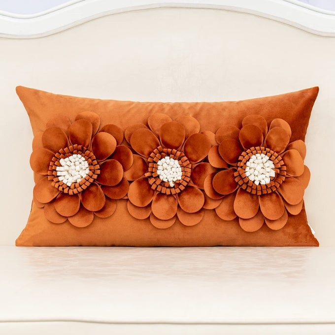 3D Flower Handmade Throw Pillow Cover Decorative Orange Velvet Pillowcase Cushion Cover with Hidden Zipper for Couch Bed Living Room Home Decor 12x20 Inches
