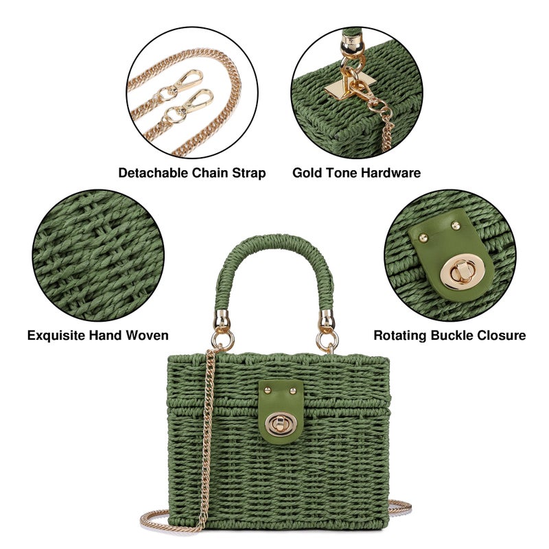 Youjaree Handwoven Rattan Bag for Women Wicker Crossbody Shoulder Bag Straw Beach Tote Bag Top Handle Satchel Handbag with Chain Strap (Green) - Image 4