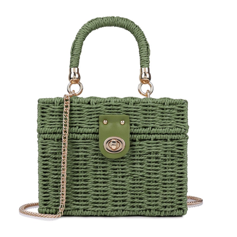 Youjaree Handwoven Rattan Bag for Women Wicker Crossbody Shoulder Bag Straw Beach Tote Bag Top Handle Satchel Handbag with Chain Strap (Green) - Image 1