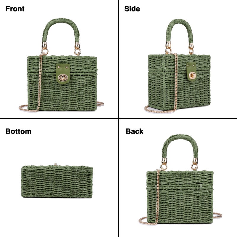 Youjaree Handwoven Rattan Bag for Women Wicker Crossbody Shoulder Bag Straw Beach Tote Bag Top Handle Satchel Handbag with Chain Strap (Green) - Image 3