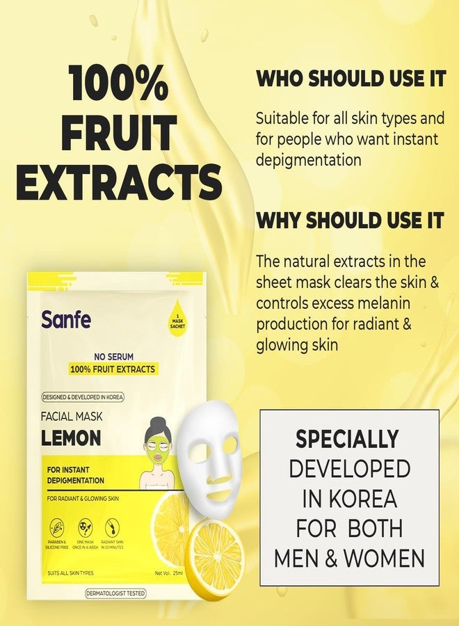 Sanfe Face Sheet Mask Shade- Lemon | Brightening & Hydrating Care for Dull Skin | Oil Control Formula for Oily-Skin| Reduces Pigmentation | 25ml | Pack of 1 - Image 1