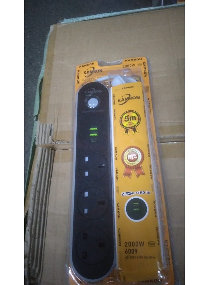 Power Strip, Multi-function Power Socket, 3-Port Splitter with 2 USB Ports and 1 USB-C Port with Ultra-Fast PD Technology, Multi-Port Socket Suitable for All Devices, Extra Long 5 Meters - Image 2