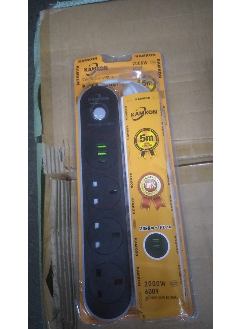 Power Strip, Multi-function Power Socket, 3-Port Splitter with 2 USB Ports and 1 USB-C Port with Ultra-Fast PD Technology, Multi-Port Socket Suitable for All Devices, Extra Long 5 Meters - Image 1