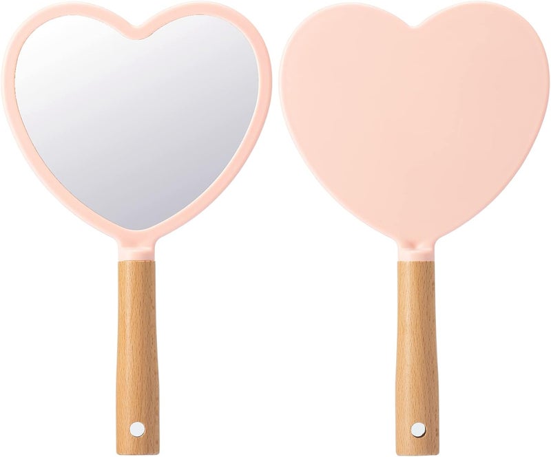 YEAKE Hand Held Mirror with Handle for Makeup,Small Cute Wood Hand Mirror for Shaving with Hole Hanging Single-Sided Portable Travel Vanity Mirror for Men&Women(Heart,Pink,1Pack)
