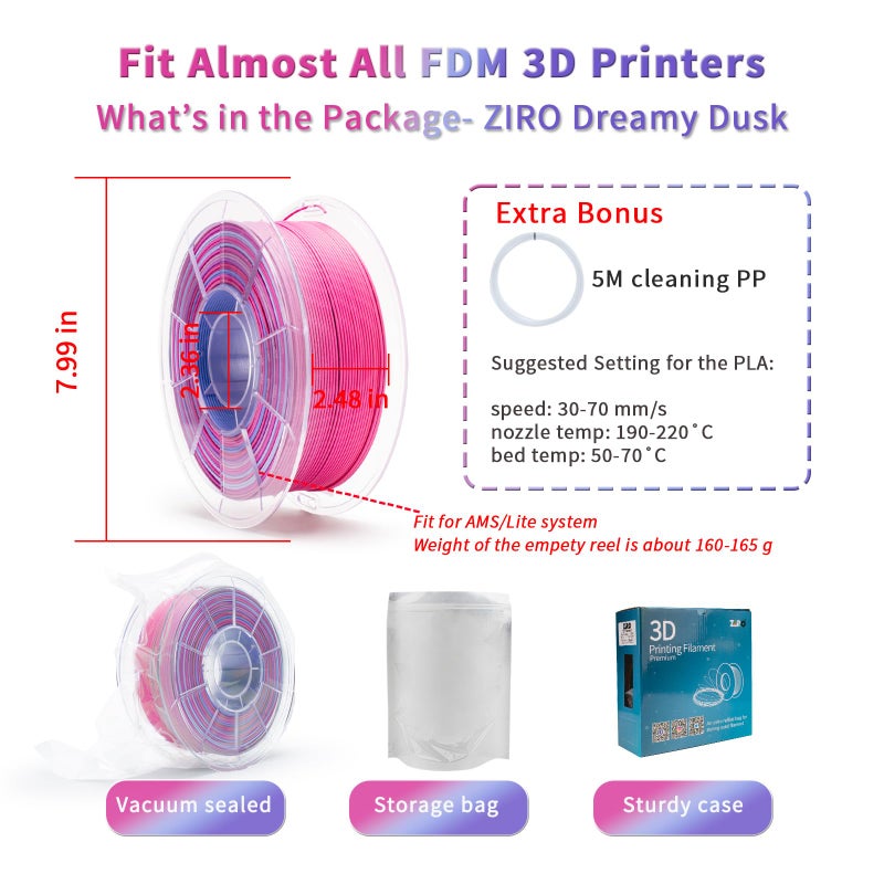 ZIRO Fast Color Changing PLA, Matte Multi Colors Filament 1.75mm, Matte Rainbow 3D Printer Filament, Dimensional Accuracy +/-0.03mm, Fit Most 3D Printers, 1KG/ 2.2lbs Spool, Dreamy Dusk - Image 5