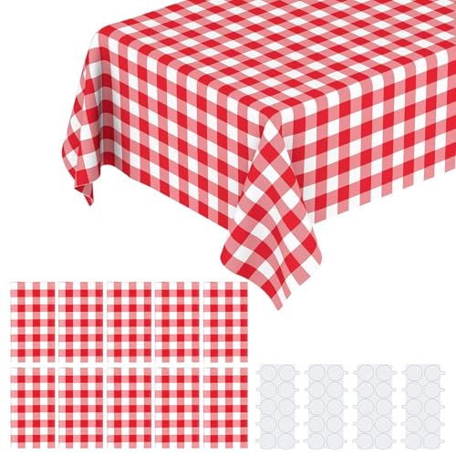 KAshack 10 Pack Red Gingham Tablecloth 108 x 54 Rectangular Red and White Checkered Tablecloths Disposable Red Plaid Table Cloth for Camping Birthday Picnic Christmas Weddingwith Stickers - Image 1