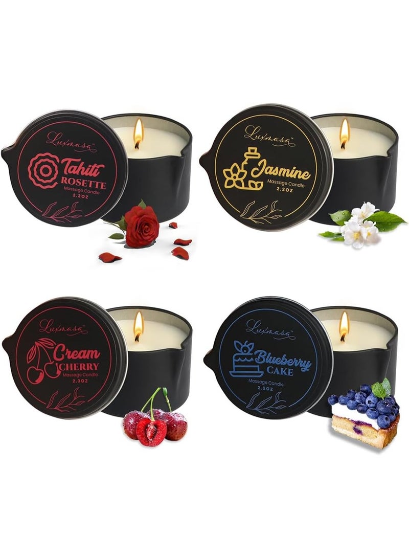 All Natural Scented Home Relaxing Massage Candle Oil Wax for Skin Care, Essential Oil Infused SPA Candle Pack of 4-9.4OZ(2.35OZ*4)-Tahiti,Jasmine,Cream Cherry, Blueberry Cake