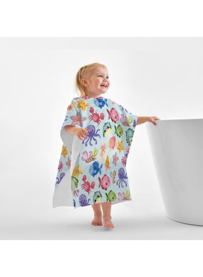 Light Sky Blue Water Ripple Base Full Printed Macaron Watercolor Underwater Creatures Unisex Kids Hooded Quick Dry Poncho Towel, Polyester Soft Water Absorbent Loose Windproof Bath Wrap for All Kids, Ideal for Beach, Swimming Pool, Hot Spring & Daily Shower - Image 1
