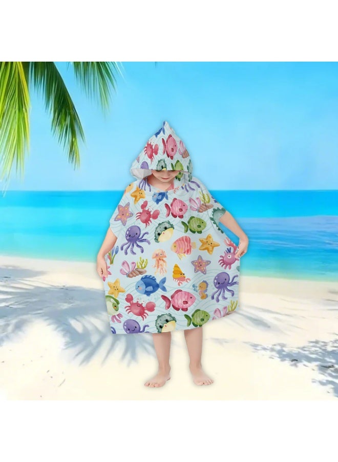Light Sky Blue Water Ripple Base Full Printed Macaron Watercolor Underwater Creatures Unisex Kids Hooded Quick Dry Poncho Towel, Polyester Soft Water Absorbent Loose Windproof Bath Wrap for All Kids, Ideal for Beach, Swimming Pool, Hot Spring & Daily Shower - Image 5