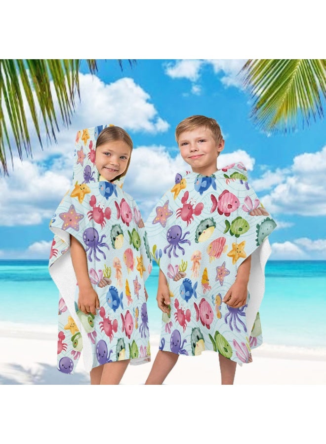 Light Sky Blue Water Ripple Base Full Printed Macaron Watercolor Underwater Creatures Unisex Kids Hooded Quick Dry Poncho Towel, Polyester Soft Water Absorbent Loose Windproof Bath Wrap for All Kids, Ideal for Beach, Swimming Pool, Hot Spring & Daily Shower - Image 3