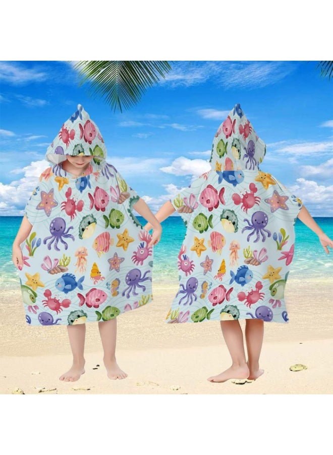 Light Sky Blue Water Ripple Base Full Printed Macaron Watercolor Underwater Creatures Unisex Kids Hooded Quick Dry Poncho Towel, Polyester Soft Water Absorbent Loose Windproof Bath Wrap for All Kids, Ideal for Beach, Swimming Pool, Hot Spring & Daily Shower - Image 2