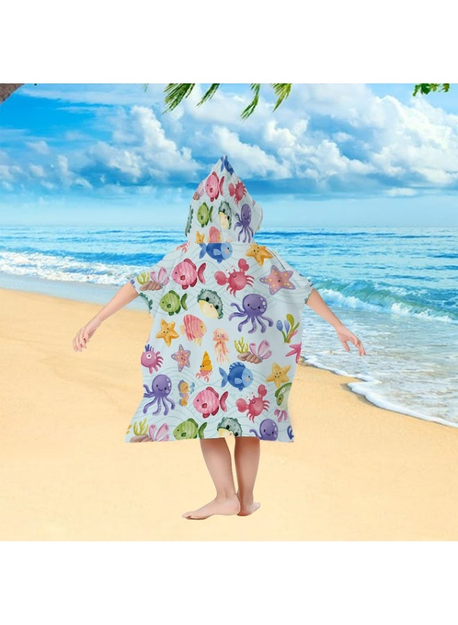 Light Sky Blue Water Ripple Base Full Printed Macaron Watercolor Underwater Creatures Unisex Kids Hooded Quick Dry Poncho Towel, Polyester Soft Water Absorbent Loose Windproof Bath Wrap for All Kids, Ideal for Beach, Swimming Pool, Hot Spring & Daily Shower - Image 4