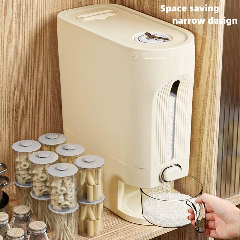 IEEK 25 Lbs Rice Dispenser, Large Cereal Dry Food Storage Containers with Measuring Cup and Lid,Moisture Proof Airtight Food Dispenser Bucket for Rice,Corn,Coffee Bean,Grain,Soybean and Oatmeal,White - Image 1
