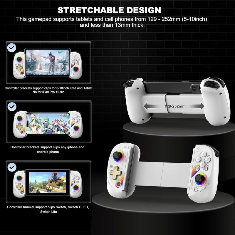 arVin Wireless Gamepad Controller for iPad/Tablet/iPhone/Android/Switch [Within 5-10"]with RGB Hall Effect Joystick/Hall Trigger/Turbo/Support Streaming on Xbox/PS4/PC Console/Cloud Gaming/CODM Mobile - Image 5