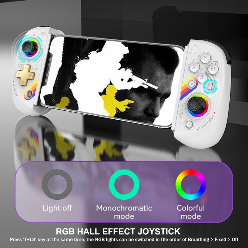 arVin Wireless Gamepad Controller for iPad/Tablet/iPhone/Android/Switch [Within 5-10"]with RGB Hall Effect Joystick/Hall Trigger/Turbo/Support Streaming on Xbox/PS4/PC Console/Cloud Gaming/CODM Mobile - Image 4