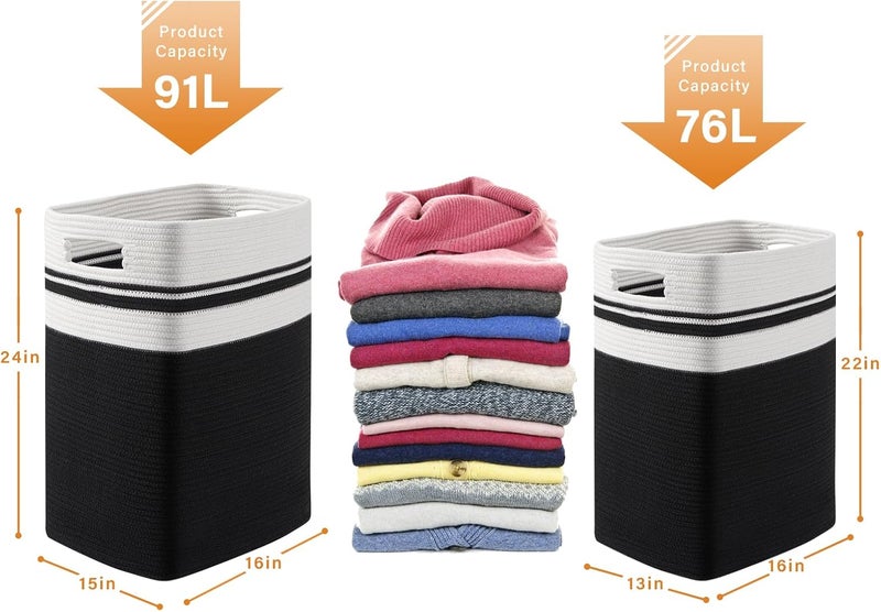 OIAHOMY 91L Laundry Hamper, XXXLarge Laundry Basket, Collapsible Cotton Rope Basket,Woven Storage Basket for Blankets,Clothes,Pillows-16x15x24-Black&white, FYL-D-P-03 - Image 3