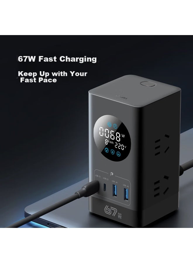 Bull Smart Digital Display Screen Gallium Nitride 67w Fast Charging Small Power Station Vertical Socket/ Surge-proof Usb Desktop Charging Station Laptop Power Strip, 2c2a + 6-outlet Master Switch - Image 1