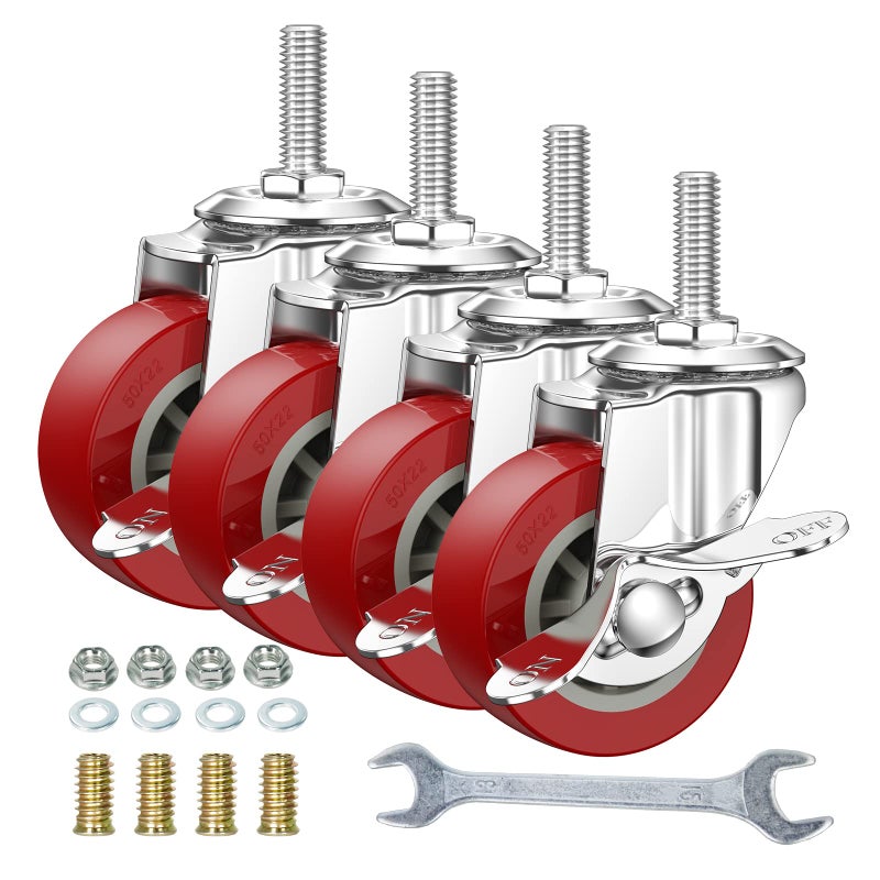 2 Inch Swivel Caster Wheels Set of 4, Locking Casters Heavy Duty Total Capacity 200lbs, Metric M8-1.25Ã—25mm Threaded Stem PU Castors with Brake