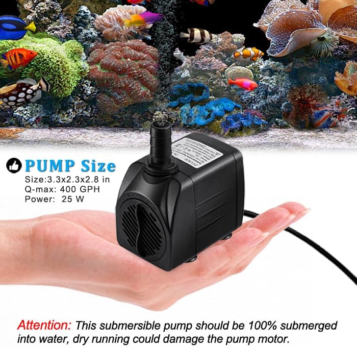 PULACO 400GPH Submersible Pump with 5 ft Tubing, (1500L/H 25W) durable fountain water pump for Pond Fountain, Aquariums Fish Tank, Statuary, Hydroponics - Image 4