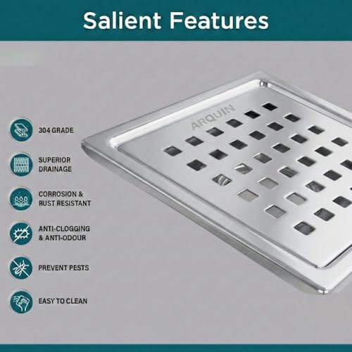 Arquin Bathroom Floor Drainer 5x5 Inch | Square Shower Floor Drain Channel | 304 Stainless Steel | Square Cut Drain Jali with Cockroach Trap Matt Finish | Kitchen Waste Water Drain Jali 1MM - Image 2