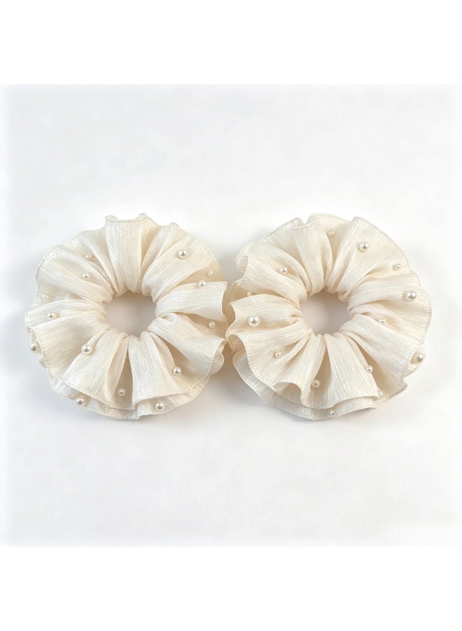 Cream Shimmer Chiffon Double Ruffled Scrunchies with Pearl Beads - 2 Pack - Image 1