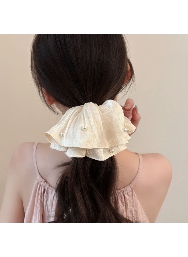 Cream Shimmer Chiffon Double Ruffled Scrunchies with Pearl Beads - 2 Pack - Image 3