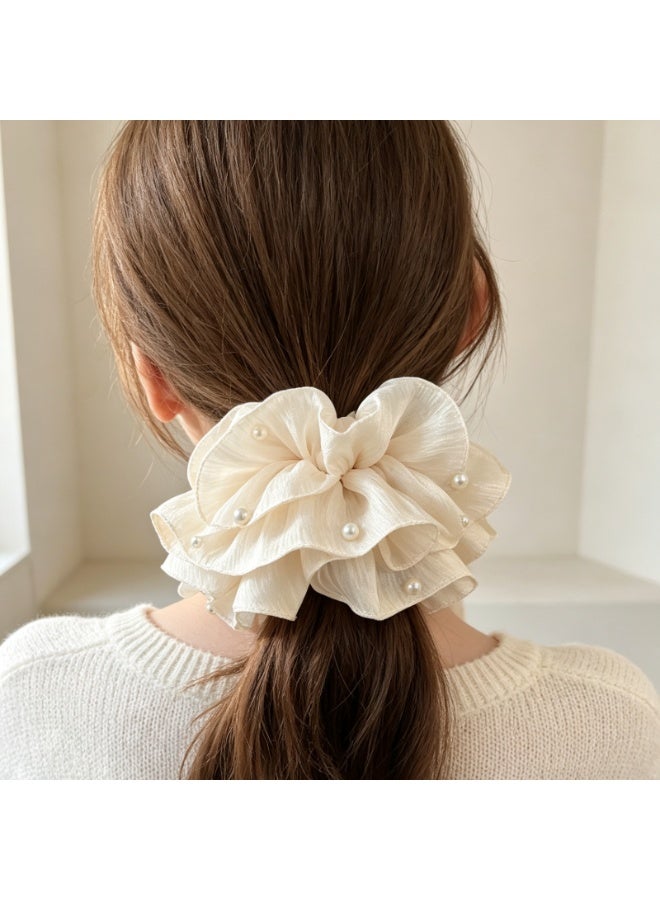 Cream Shimmer Chiffon Double Ruffled Scrunchies with Pearl Beads - 2 Pack - Image 2