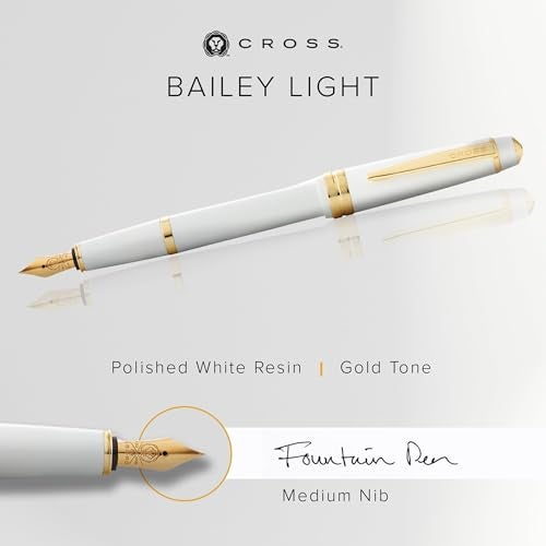 Cross Bailey Light Refillable Fountain Presented in a Everyday Gift Box - Medium Point, Black Ink, Polished White - Image 2