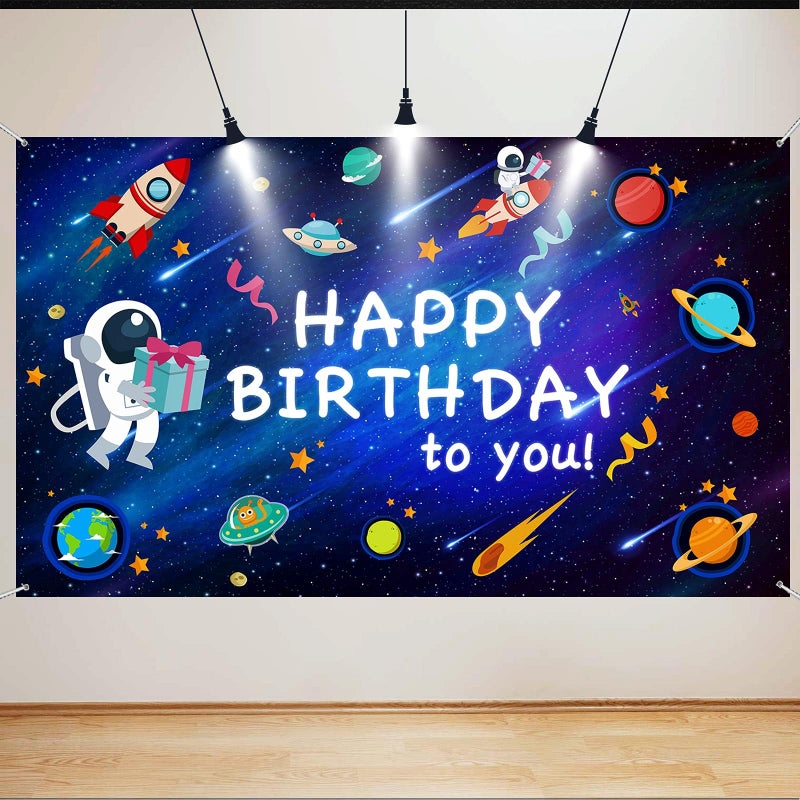 MANGO 1pcs Space Happy Birthday Backdrop 6x36ft Astronaut Rocket Birthday Banner Space Party Decorations for Childrens Birthday Galaxy Planet Party - Image 1