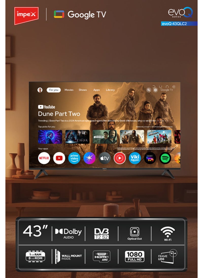Impex 43 Inch QLED Smart TV Full HD, Google TV with Voice Remote & Google Assistant, 1920x1080 Resolution, Chromecast Built-in, Bezel-Less Slim Design, 4 HDMI 2 USB, DVB T2/S2, A+ Grade Panel, 1GB RAM 8GB ROM, Energy Efficient LED Television, Wall Mount Included, 2 Years Warranty - evoQ 43QLC2 Black evoQ 43QLC2 Black - Image 2
