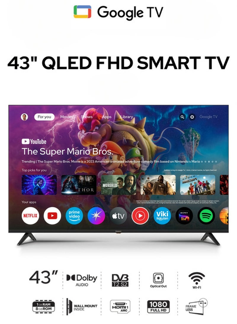 Impex 43 Inch QLED Smart TV Full HD, Google TV with Voice Remote & Google Assistant, 1920x1080 Resolution, Chromecast Built-in, Bezel-Less Slim Design, 4 HDMI 2 USB, DVB T2/S2, A+ Grade Panel, 1GB RAM 8GB ROM, Energy Efficient LED Television, Wall Mount Included, 2 Years Warranty - evoQ 43QLC2 Black evoQ 43QLC2 Black - Image 1