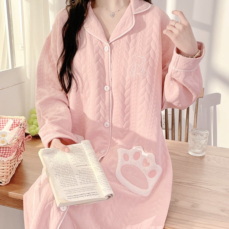 Lunar Clothing Spring and Autumn Air Cotton Thick Postpartum Breastfeeding dress Doll Collar Pregnant Women Pajamas for Outer Wear 6694 bear paw pink [with chest pad] 