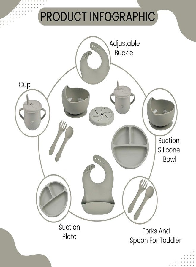 SUPUNYA 6PCS Silicone Baby Feeding Set – Suction Plate, Bowl, Bib, Spoon, Fork, Cup – BPA-Free, Non-Toxic, Microwave & Dishwasher Safe for Toddlers 6+ Months (Grey) - Image 4