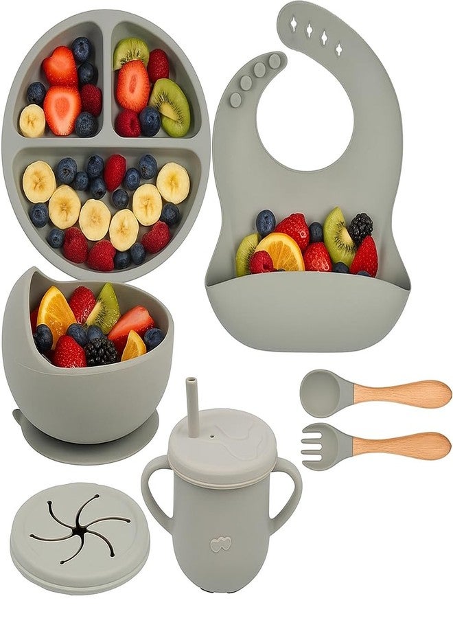 SUPUNYA 6PCS Silicone Baby Feeding Set – Suction Plate, Bowl, Bib, Spoon, Fork, Cup – BPA-Free, Non-Toxic, Microwave & Dishwasher Safe for Toddlers 6+ Months (Grey) - Image 1