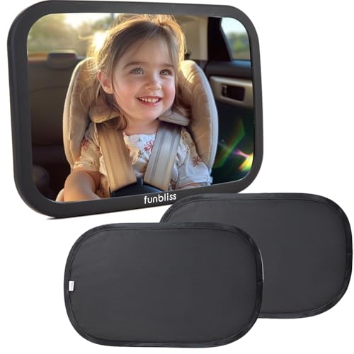 Funbliss Bar Mirror for Baby 2 Pack Car Window Shades Bundle 19 12 UPF 50 Window Shade for Baby in Car 360 Rotation FullyAdjustable Straps - Image 1