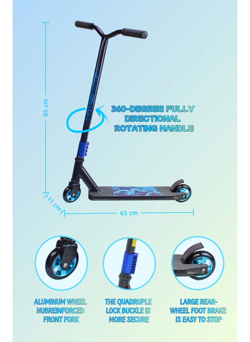 إيزي فيتشور سكوتر EASY FUTURE Freestyle Stunt - سكوتر احترافي ثنائي العجلات للحيل مع سطح قبضة من الألومنيوم، وعجلات معدنية 110 مم، وقضيب T عريض، وفرامل فولاذية، وحركات بهلوانية خفيفة الوزن 360 درجة، مثالي للمبتدئين إلى المتوسطين بما في ذلك مجموعة معدات الحماية - Image 2