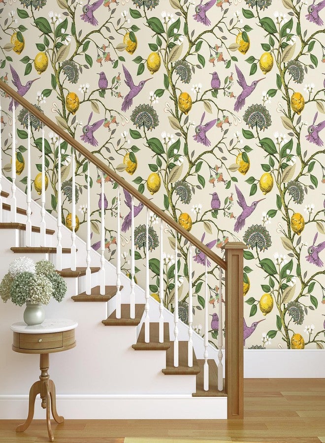 Decotalk Lemon Bird Wallpaper Peel and Stick - Lemon Tree Wallpaper Light Green Floral Bird Wallpapers for Bedroom Bathroom 17.5x120 Inch Lemons Tree Vintage Flowers Birds Wall Paper, Renter Friendly - Image 3